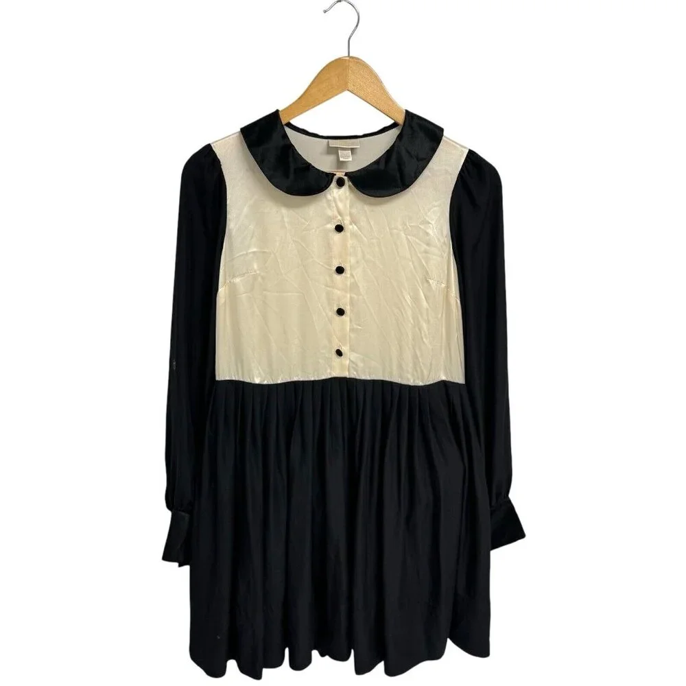 Erin Fetherston Juniors Silk Dress Long Sleeve Button Collar beige black size 5 - Picture 1 of 10